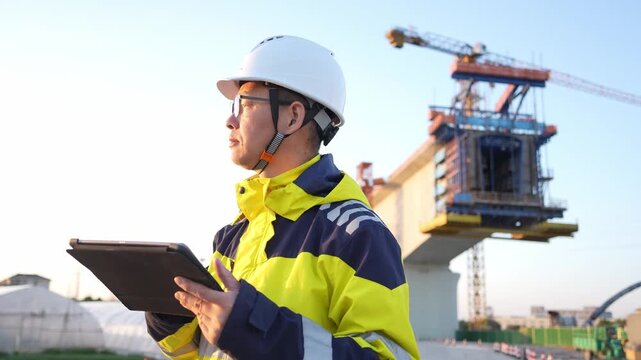 Construction engineer wearing safety helmet using tablet for on-site inspection at bridge construction site