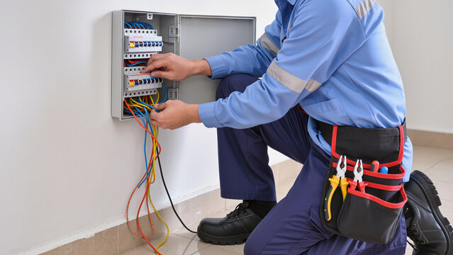 A skilled technician works on an electrical fuse box,He uses professional tools to inspect the system,He ensures all wires are connected safely. This process maintains the power supply in the building
