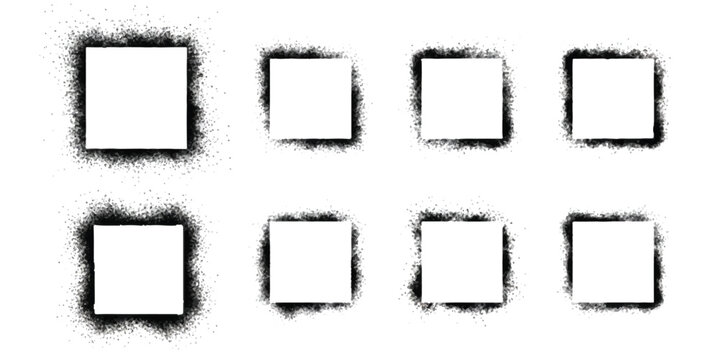 A grid of eight square frames with black spray paint grunge borders on a white background