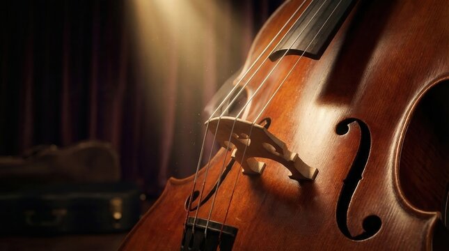 Close-up of a classic wooden cello with warm lighting on a dark stage.
