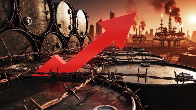 Industrial oil barrels bound with sharp barbed wire beneath a soaring red growth arrow overlooking a cityscape and offshore rigs, symbolizing economic sanctions and soaring fuel price pressure.