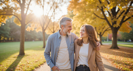 Fototapeta premium Senior Couple Embracing in Autumn Park – Golden Hour Portrait for Family Love, Retirement Lifestyle, and Relationship Content