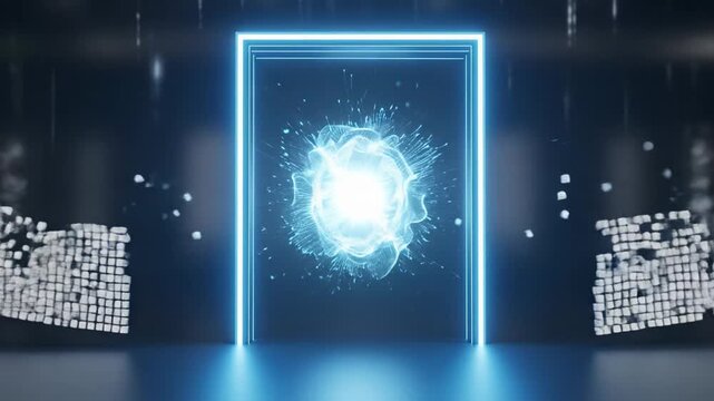 Digital Portal Opening with Glowing Energy Burst and Pixelated Deconstruction