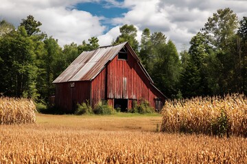 Fototapeta premium Classic red wooden barn on a farm field with trees and blue sky 