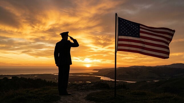 Silhouette of a military officer saluting the American flag against a dramatic golden sunset and coastal landscape backdrop