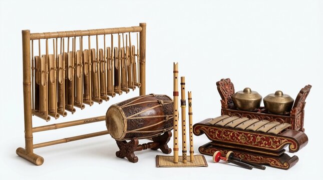 Indonesian traditional musical instruments set featuring Angklung, Gendang, Suling, and Gamelan saron isolated on white