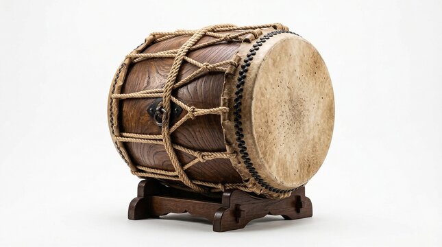 Traditional wooden drum with leather head and rope tuning on a wooden stand. Ethnic percussion instrument from Asia