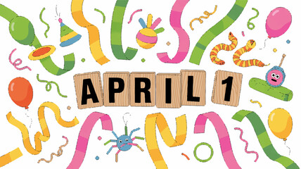 Colorful april fools' day celebration background with confetti and streamers