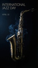 Obraz premium International Jazz Day with a saxophone on a dark background, celebrating music and culture.