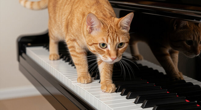Curious ginger tabby cat exploring and walking across black and white piano keys in a bright home music room
