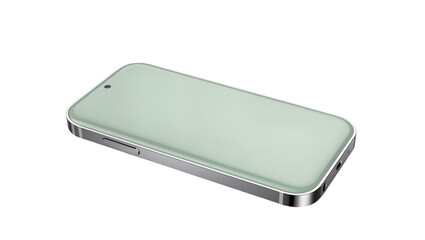 Isolated pastel green smartphone with sleek silver metal frame shown at oblique angle
