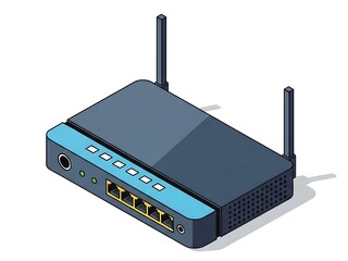 Blue isometric wireless router illustration featuring four antennas on white background