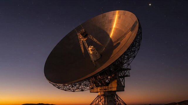 Giant radio telescope dish at sunset, listening to the cosmos