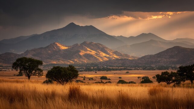 Dramatic light shafts illuminate rolling hills and distant mountain ranges over a golden grassy plain.