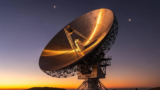 Giant Satellite Dish at Sunset with Stars and Planets