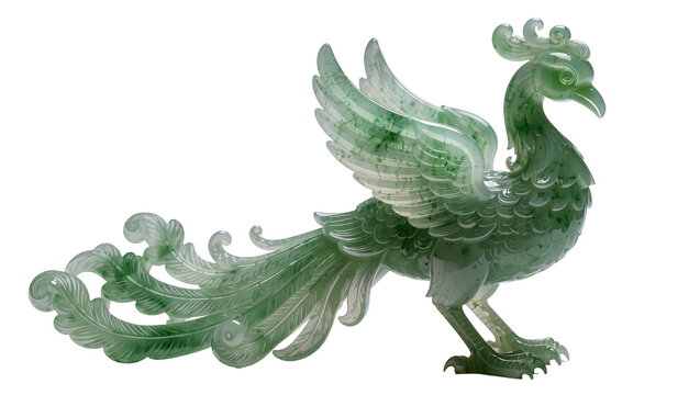 Isolated jade bird sculpture figurine, ornate green translucent phoenix statue on display