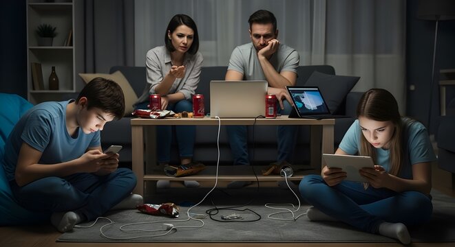 A family sitting together in a dark room but ignoring each other, focused on their phones, tablets, and laptops