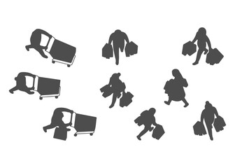 Top View Shopping People Silhouette Set, Overhead View Shoppers Walking with Bags and Shopping Cart, Retail Customer Black Silhouette Characters Vector © MkJutt