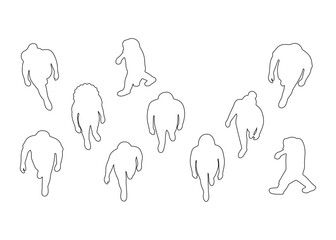 Fototapeta premium Top View Walking People Outline Vector Set, Overhead Pedestrian Characters with Men and Women, Architectural CAD Style Human Figures for Urban Planning, Floor Plans and Crowd Movement Diagrams