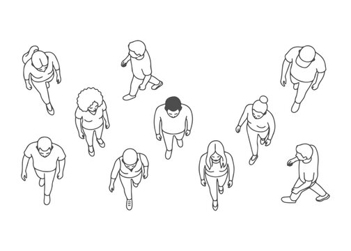 Top View Walking People Vector Set, Overhead Pedestrians Collection with Men and Women Characters, Architectural CAD Style Human Figures for Urban Planning, Floor Plan, Crowd Movement Illustration