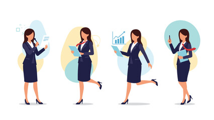 Obraz premium Collage of a businesswoman in various professional scenarios including speaking at a lectern walking and analyzing financial data graphs.