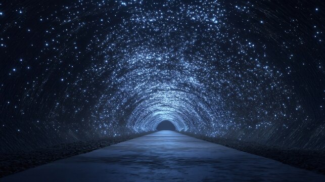 Cosmic Tunnel: An ethereal tunnel adorned with twinkling lights, stretching into the unknown and sparking a sense of wonder and curiosity. 
