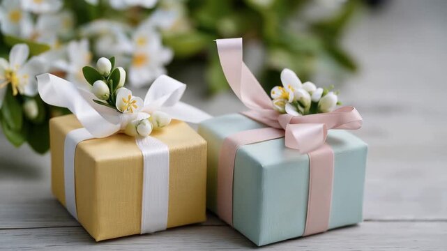Easter gift boxes wrapped in pastel paper with ribbon bows and spring flower decorations, ideal for Easter holiday presents, festive seasonal gifting, celebration, springtime decor, and traditional