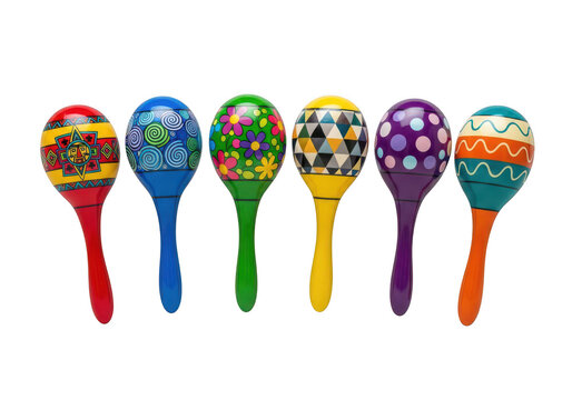 A row of colorful maracas on a white background isolated on transparent background, png