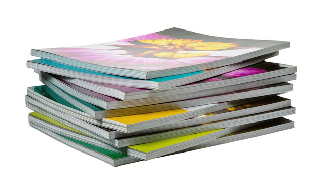 Isolated stack of magazines with colorful covers, creative design and print publications