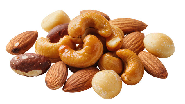 Isolated mixed nuts cashew almonds macadamia pecan healthy snack nutritious protein source
