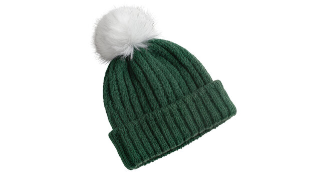 Isolated green knitted hat with pom pom warm winter clothing fashion accessory apparel