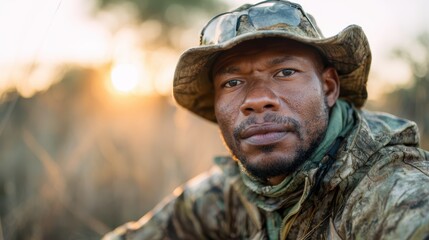 Obraz premium A determined hunter gazes into the camera against a breathtaking sunrise backdrop, showcasing the beauty of nature and outdoor adventure, capturing the essence of exploration.