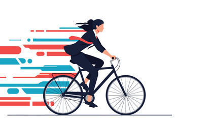 Obraz premium Energetic businesswoman rides a bicycle at high speed symbolizing fast progress and efficient movement in her professional career.