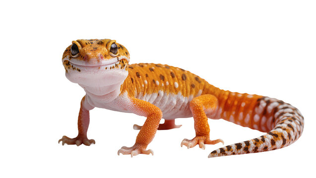 Isolated leopard gecko portrait, vibrant orange and brown spotted reptile on display