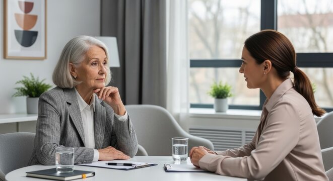An older woman and a younger woman are engaged in a serious conversation at a table. The older woman, dressed in a gray suit jacket, leans forward slightly, her expression thoughtful.