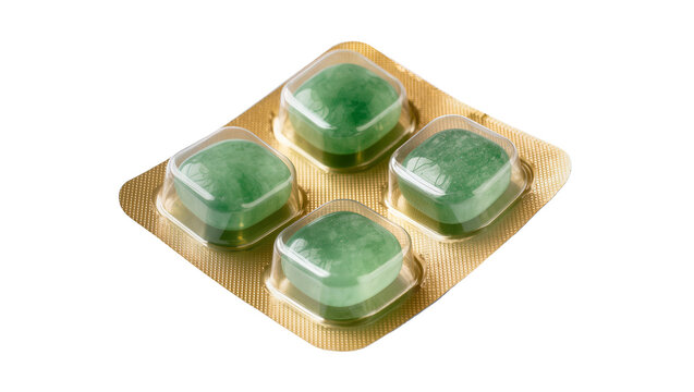 Isolated green cough drops throat lozenges in gold blister pack for sore throat relief