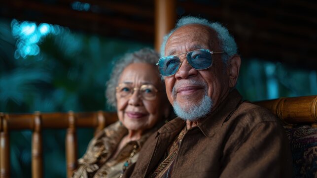 An elderly couple, sitting close together on a bamboo bench, radiate warmth and wisdom, reflecting a lifetime of shared experiences and cherished moments in a serene environment.