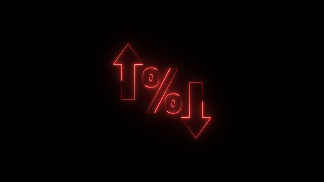 Neon percentage increase and decrease icons with up and down arrow images on black background.
