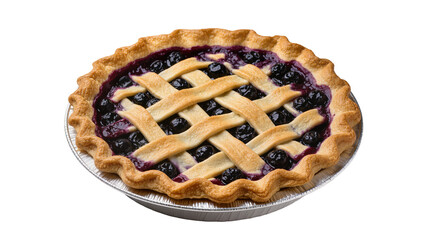 Isolated blueberry pie with a lattice crust is on a fluted pie tin and ready to serve