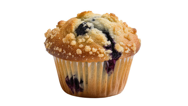 Isolated fresh baked blueberry muffin with crumble topping, healthy breakfast treat