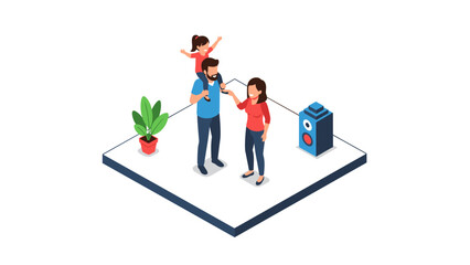 Family fun in modern isometric living room with parents and child