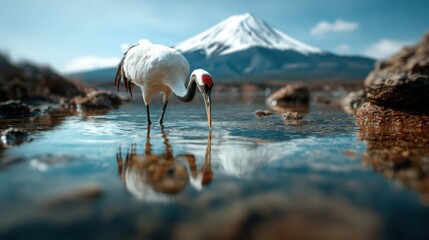 Fototapeta premium An elegant crane wading through calm waters with a majestic mountain in the background, capturing the beauty of nature in a tranquil and serene setting.