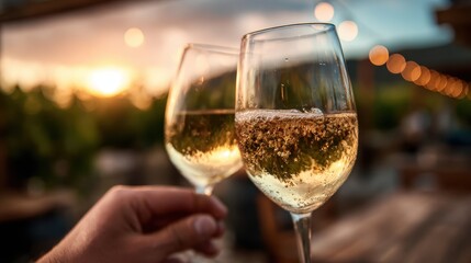 Two wine glasses filled with sparkling Prosecco clink together in celebration against a picturesque sunset backdrop, capturing the essence of joy, connection, and special moments.