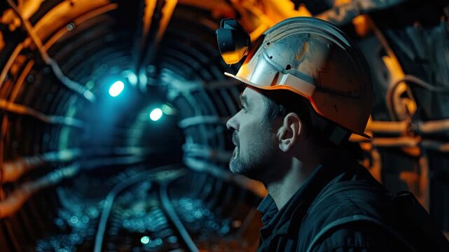 Miner inspecting an underground coal mine tunnel