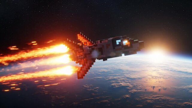 Pixelated Rocket Launching From Earth into Space with Fiery Exhaust