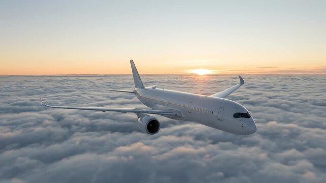 Commercial airplane flying above clouds at sunset. White passenger jet cruising in a golden sky. Air travel and transportation concept