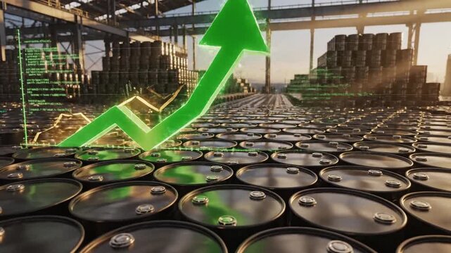 Polished industrial oil barrels featuring a rising green arrow representing global price inflation, surplus profit, and surging energy demand, rendered in a sleek metallic finish.