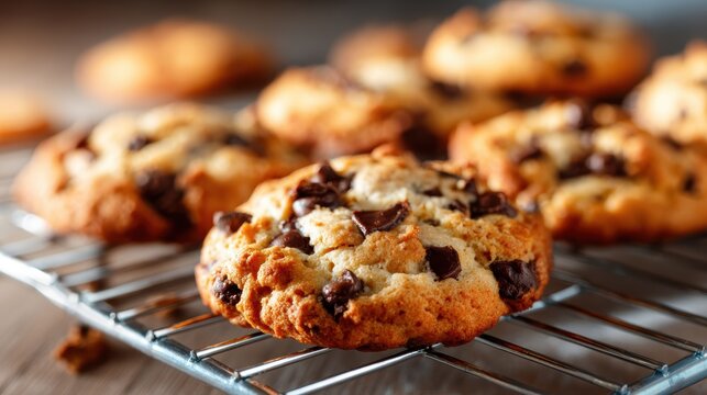 Freshly baked chocolate chip cookies cool on a wire rack, perfectly golden and inviting, ready for tasting that captures the essence of homemade goodness and warmth.
