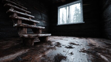 Obraz premium An eerie and atmospheric interior of an abandoned house featuring a rustic wooden staircase, evoking feelings of nostalgia and mystery in a quiet, secluded space.