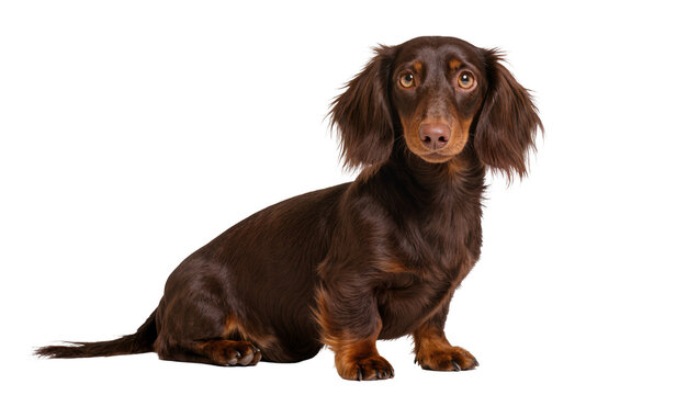 Isolated long-haired dachshund with beautiful brown fur in studio, expressive eyes gaze ahead